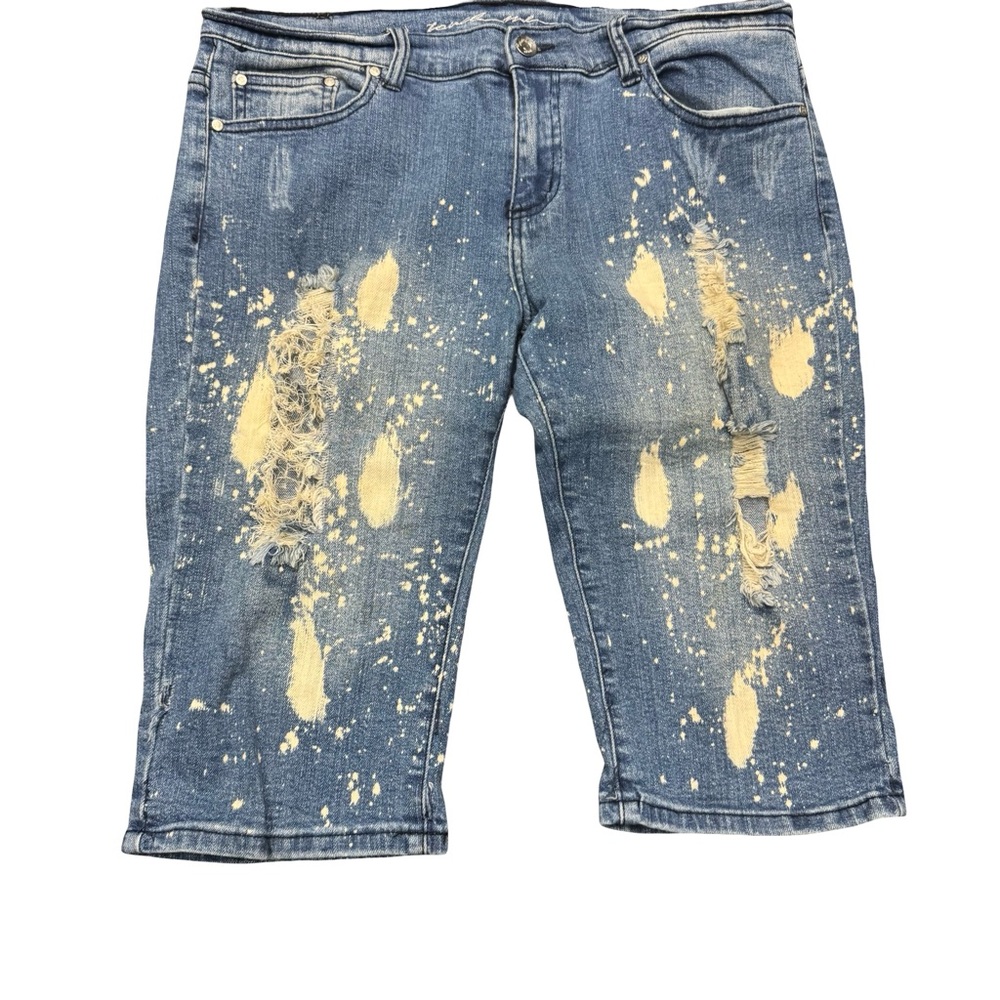 Touch Me Distressed Splatter Denim Shorts Size 11/12 Low Rise Blue Jean Y2K